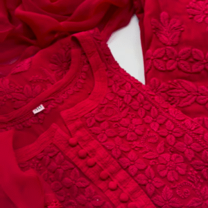 Vibrant Red Chikankari Kurta with Matching Dupatta