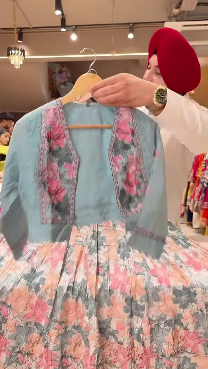 Floral Printed Dress with Embroidered Blue Jacket – Elegant Indo-Western Set for Women - Image 2