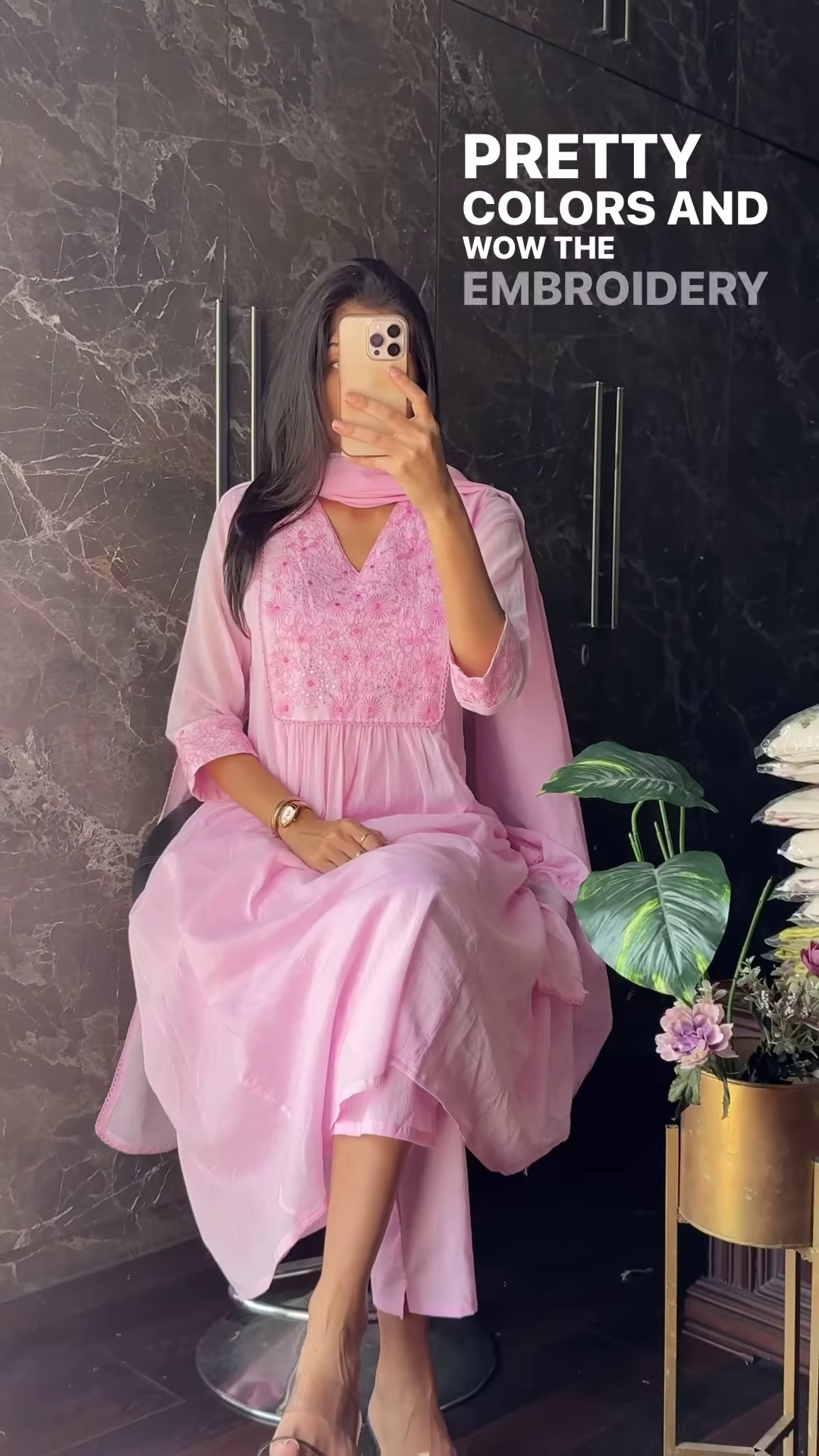 Mulcotton V-Neck Kurta Trio with Floral Embroidery – Soft Fabric Ethnicwear for Women - Image 3