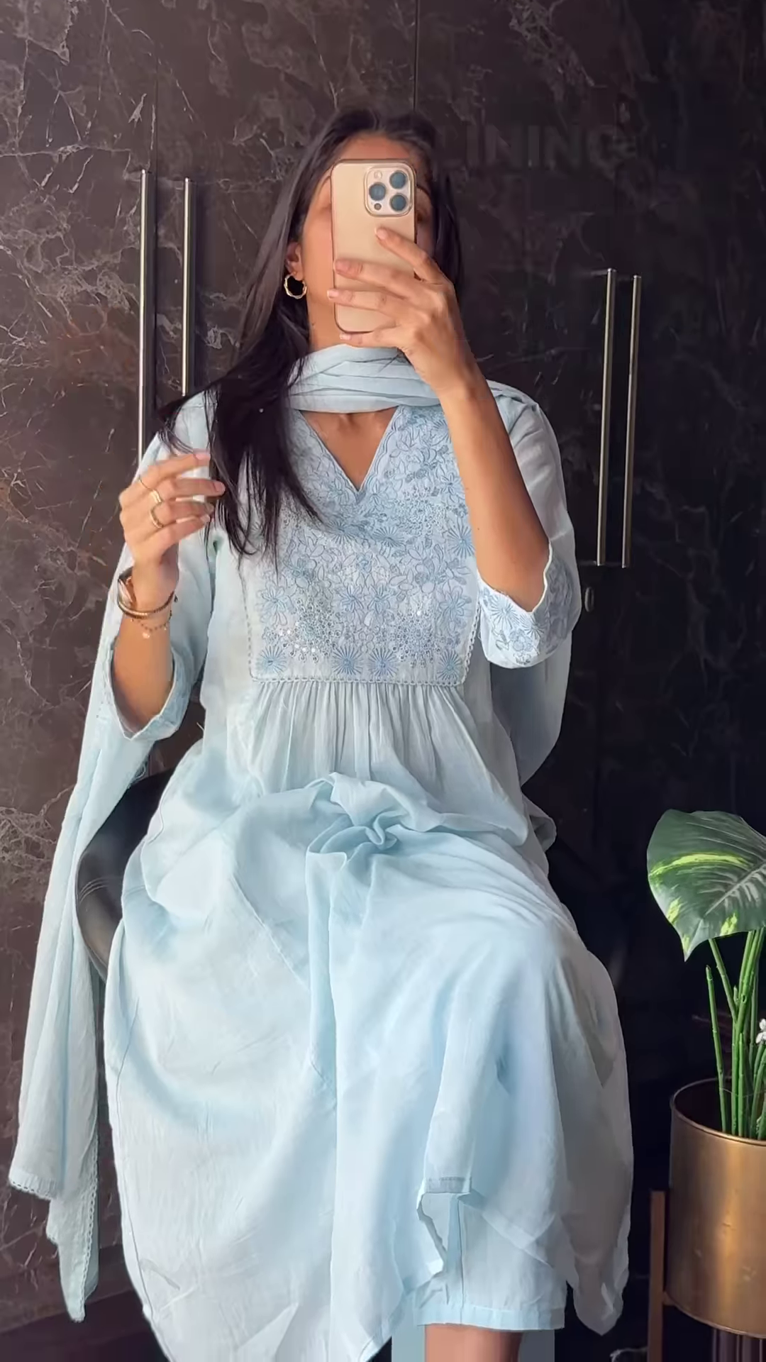 Mulcotton V-Neck Kurta Trio with Floral Embroidery – Soft Fabric Ethnicwear for Women - Image 2