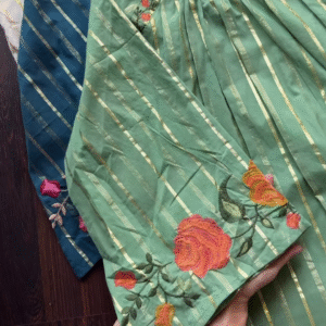 Embroidered Kurta Trio with Gold Stripes – Floral Neckline Ethnicwear in Green, Blue & White