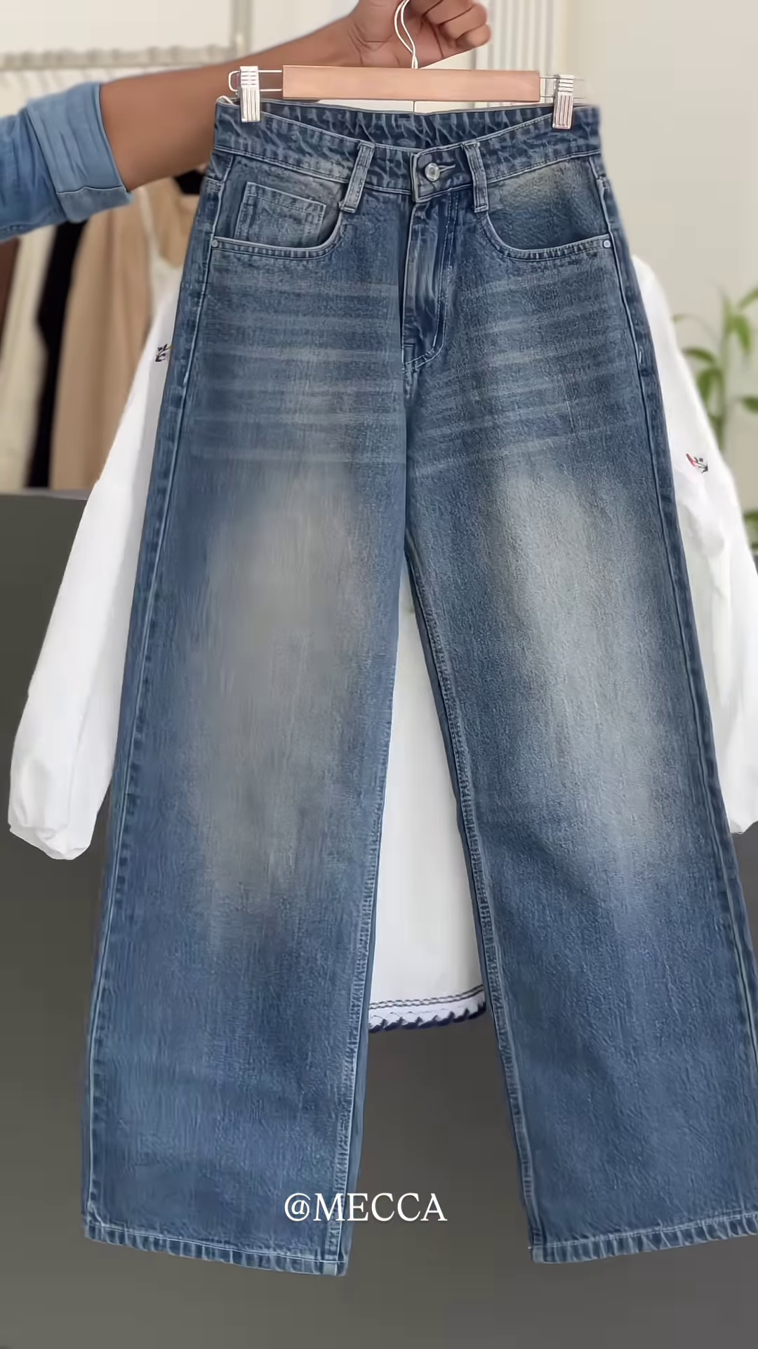 White Floral Embroidered Blouse with Tie Neck – Casual Chic Top Paired with Blue Jeans - Image 2