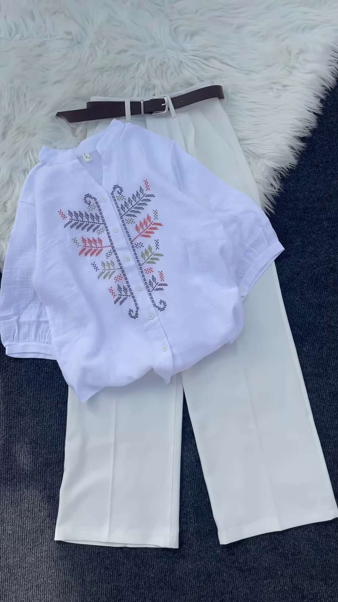 Multicolor Embroidered Shirt Set with Leaf & Geometric Motifs – Casual Ethnic Tops for Women - Image 3