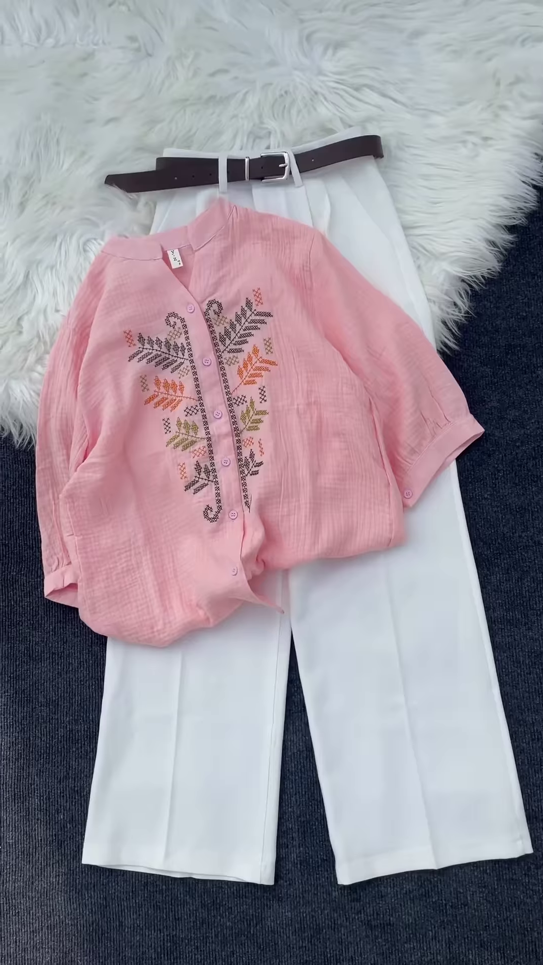 Multicolor Embroidered Shirt Set with Leaf & Geometric Motifs – Casual Ethnic Tops for Women - Image 2