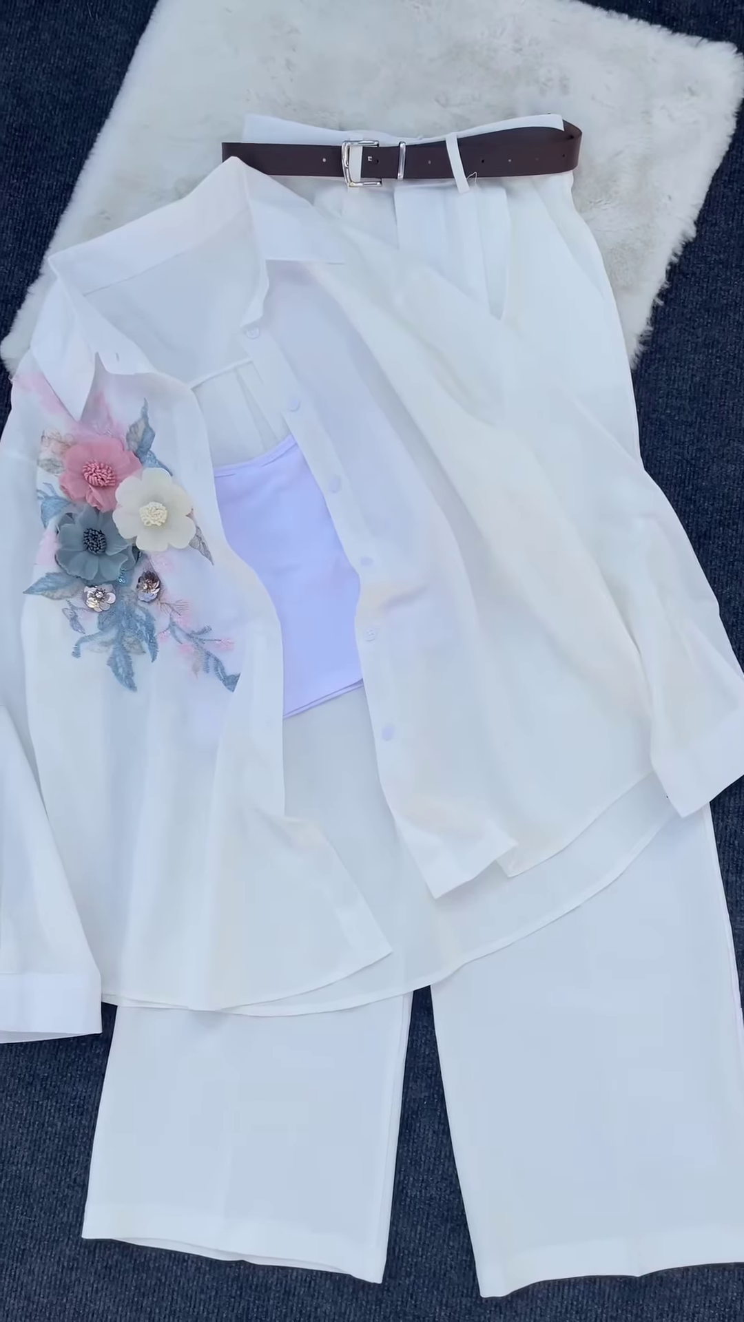 White Floral Embroidered Shirt with Tube Top & Pants – Elegant Layered Casualwear for Women - Image 3