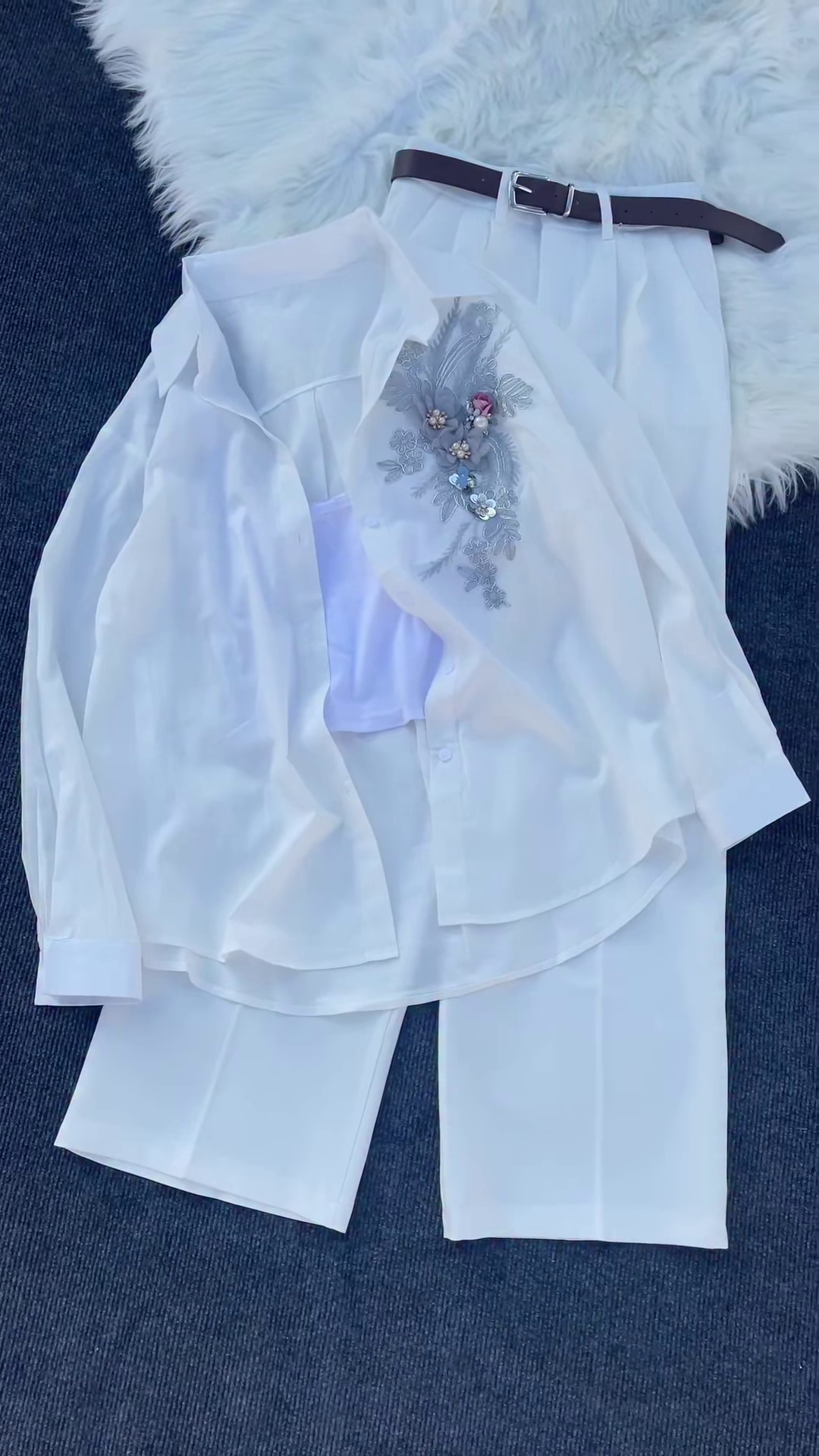 White Floral Embroidered Shirt with Tube Top & Pants – Elegant Layered Casualwear for Women - Image 2