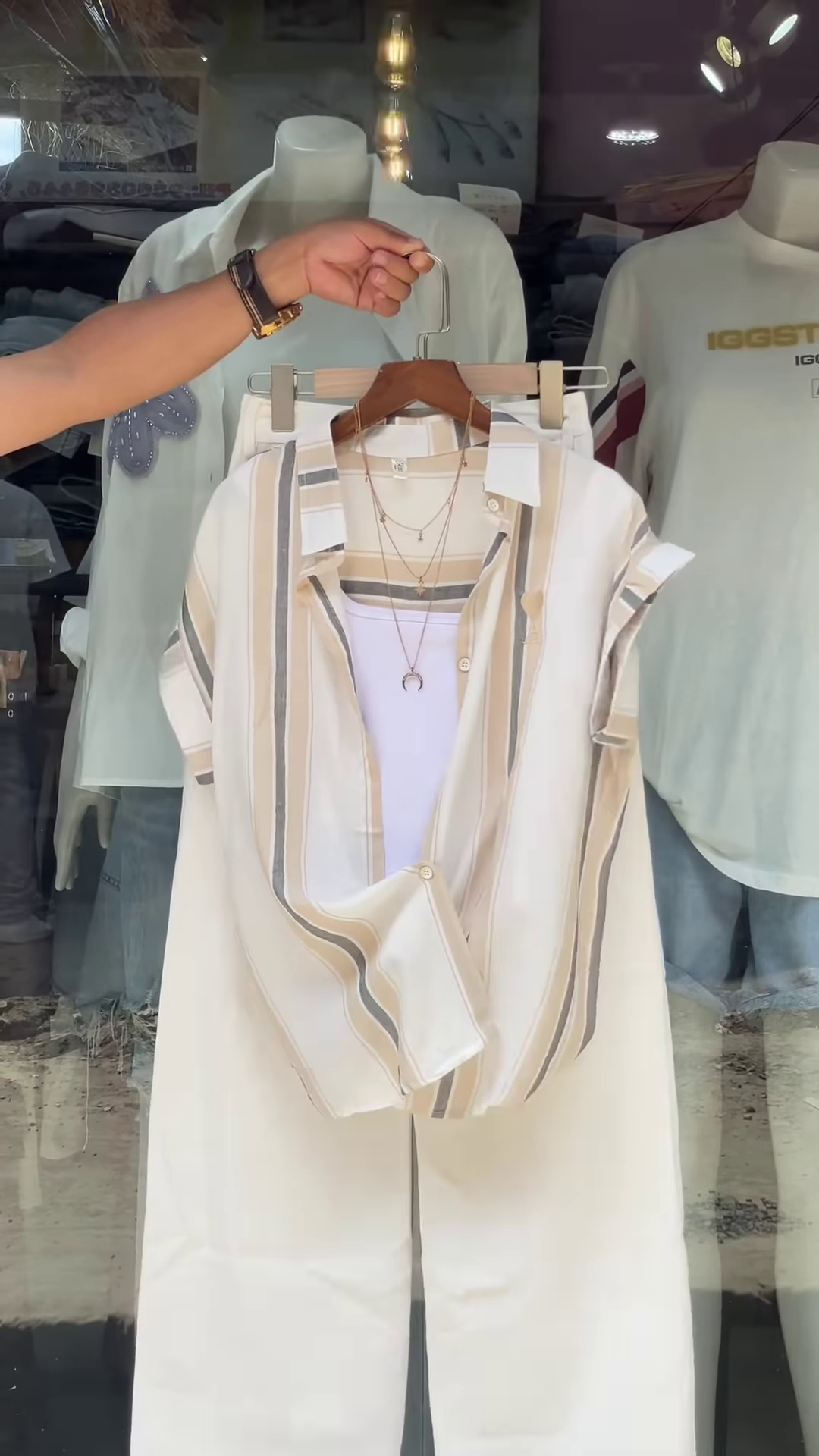 Pink & White Striped Shirt with Layered Tank Top – Casual Chic Outfit for Women - Image 4