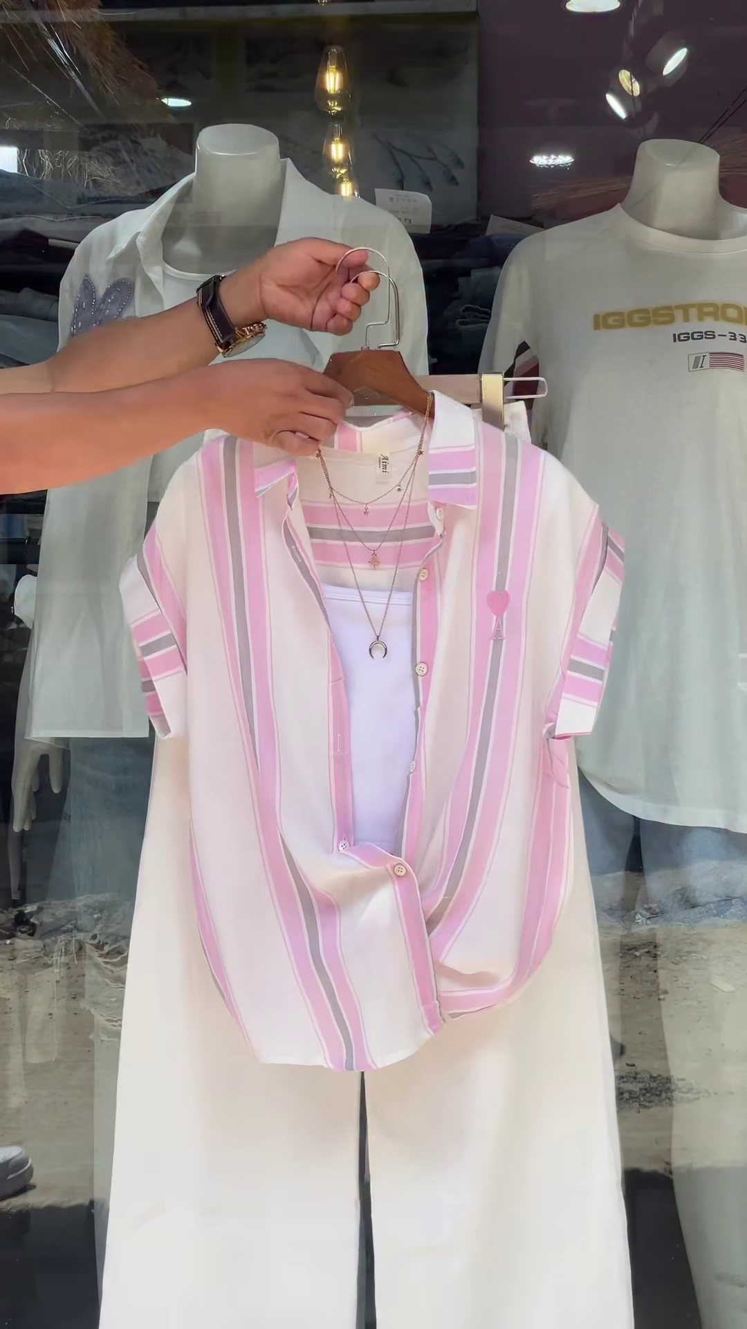 Pink & White Striped Shirt with Layered Tank Top – Casual Chic Outfit for Women