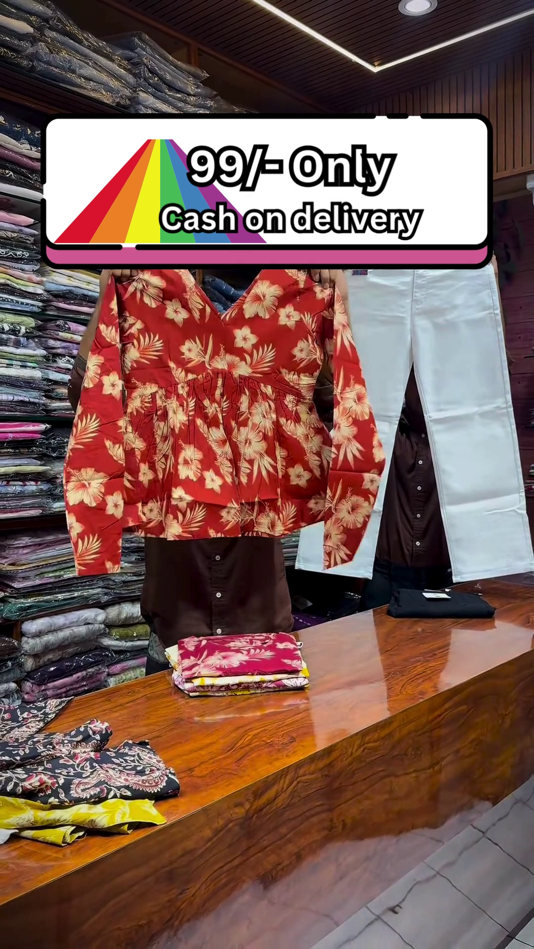 Yellow and White Floral Printed Top Paired with Black Straight-Fit Pants for Women - Image 5