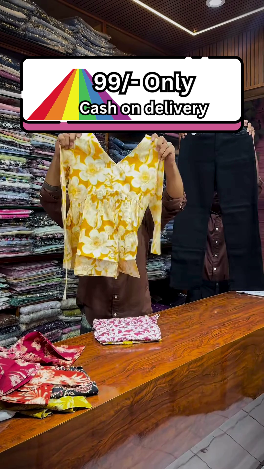 Yellow and White Floral Printed Top Paired with Black Straight-Fit Pants for Women - Image 3