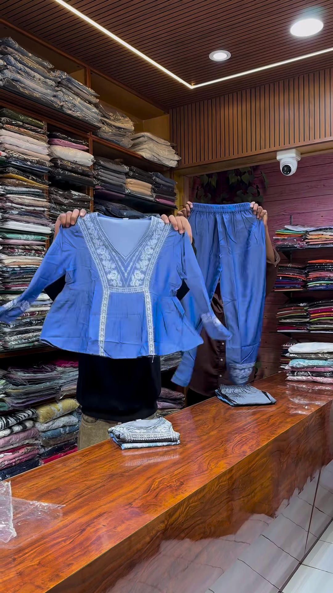 Blue Embroidered Long-Sleeve Top and Matching Pants Set with White Threadwork - Image 3