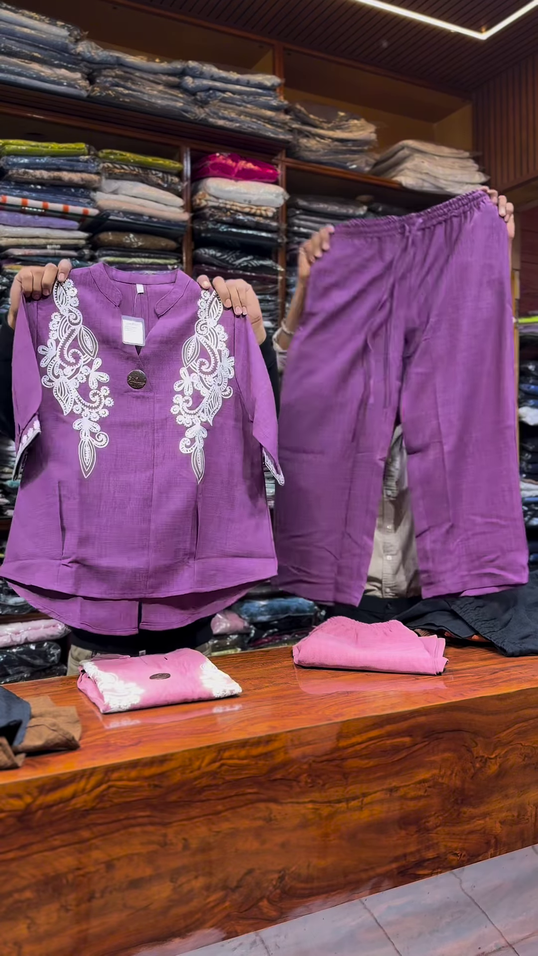 Pink Embroidered Two-Piece Set with Front Button Top and Elastic Waist Pants - Image 2