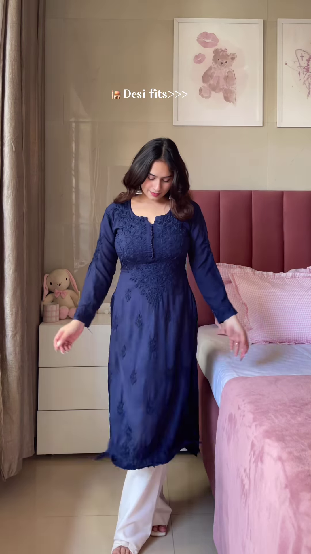 Dark Blue Embroidered Kurta with White Pants – Elegant Desi Outfit for Women - Image 5