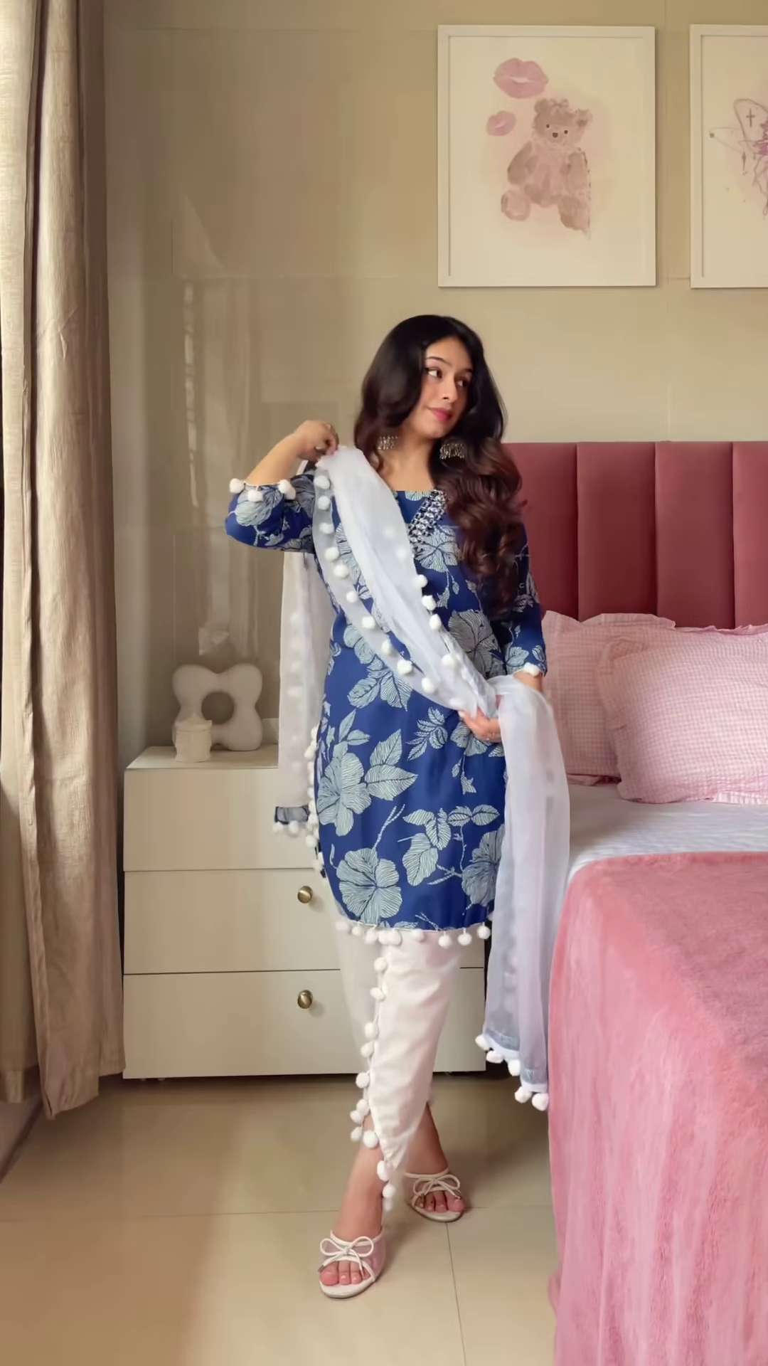 Blue Floral Kurta Set with Pom-Pom Dupatta – Ethnic Casualwear for Women - Image 3