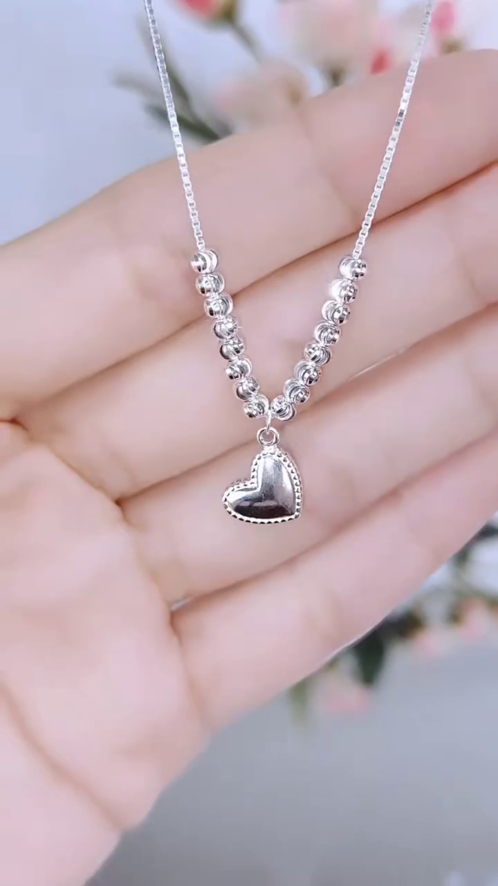 Elegant Silver Heart Pendant Necklace with Beaded Detail – Romantic Jewelry for Women - Image 2