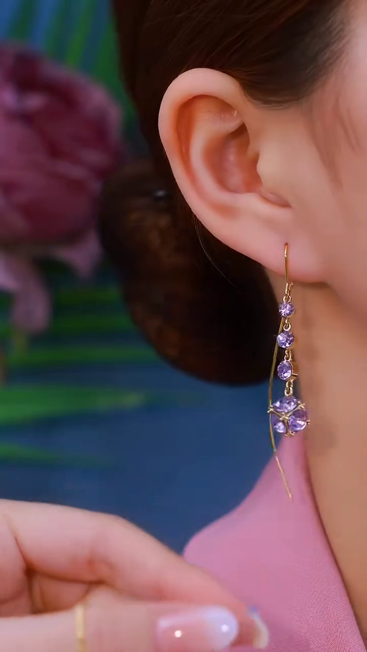 Elegant Gold-Toned Dangling Earrings with Purple Gemstone Clusters and Delicate Wirework