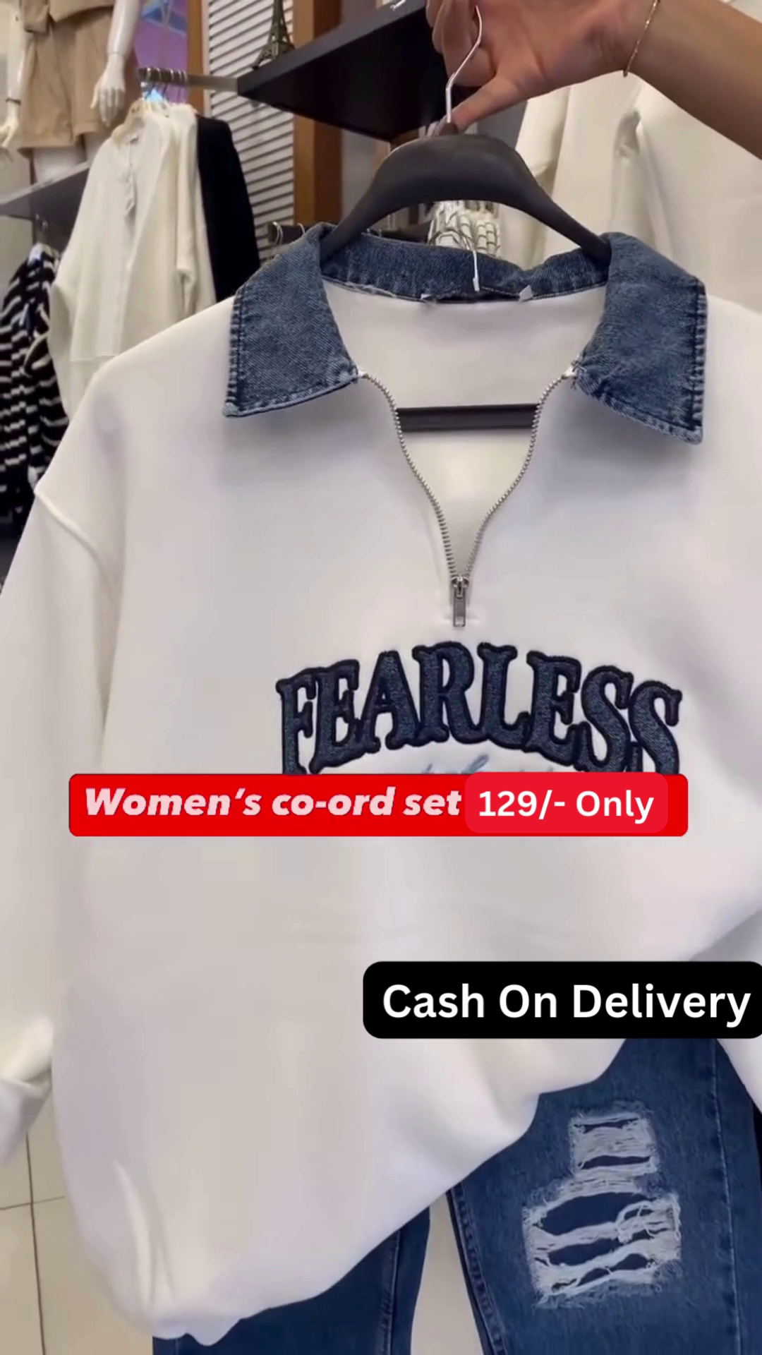 Trendy Women's White Sweatshirt Co-ord Set with "Fearless" Graphic and Distressed Jeans - Image 2
