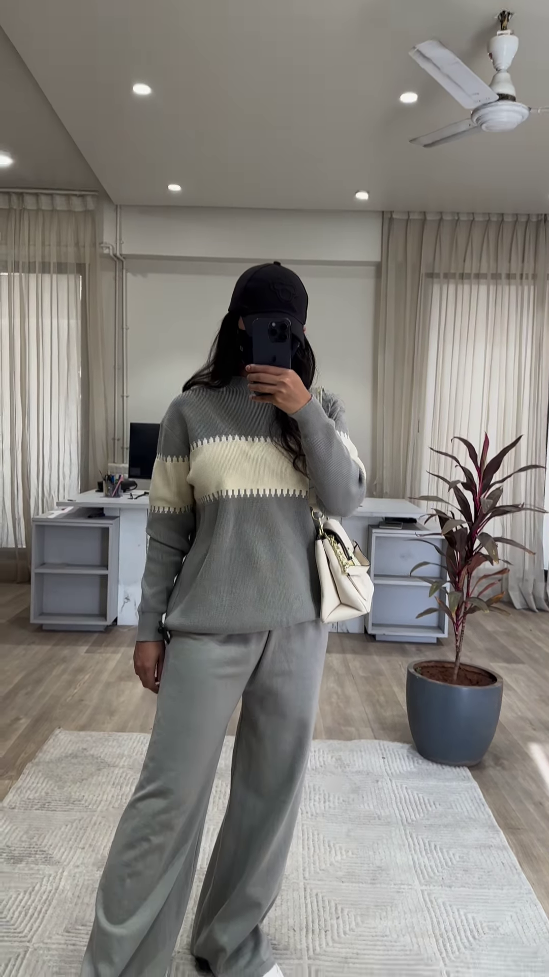 Cozy Women's Gray Knit Lounge Set with Striped Detail and Wide-Leg Pants