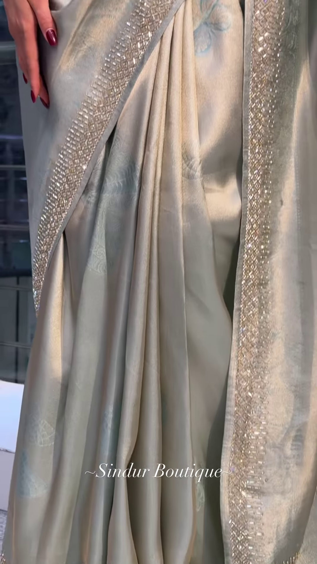 Elegant Sage Green Silk Saree with Sparkling Embellished Border - Image 3