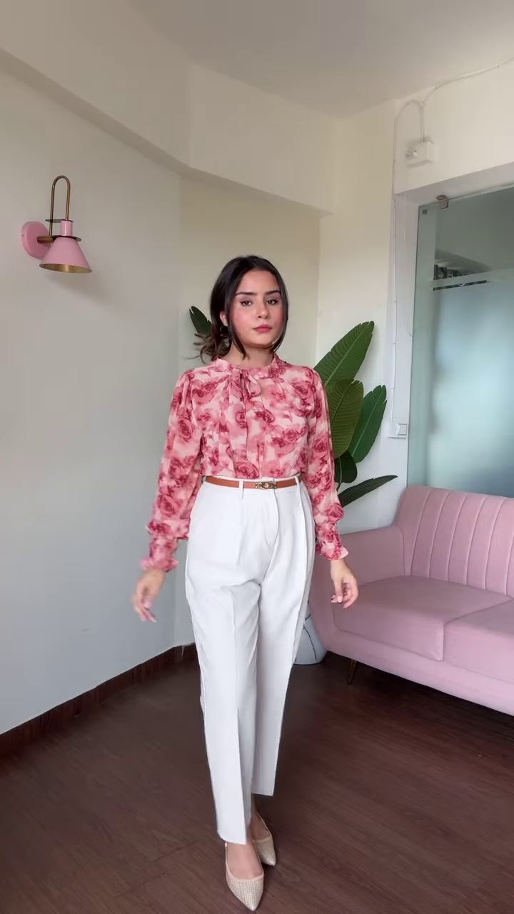 Chic Cold Shoulder Floral Print Blouse with Ruffle Sleeves and High-Waisted Black Pants - Image 2