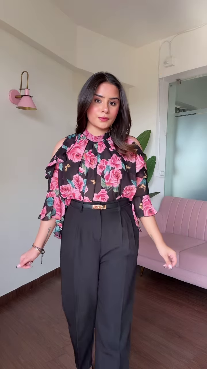 Chic Cold Shoulder Floral Print Blouse with Ruffle Sleeves and High-Waisted Black Pants