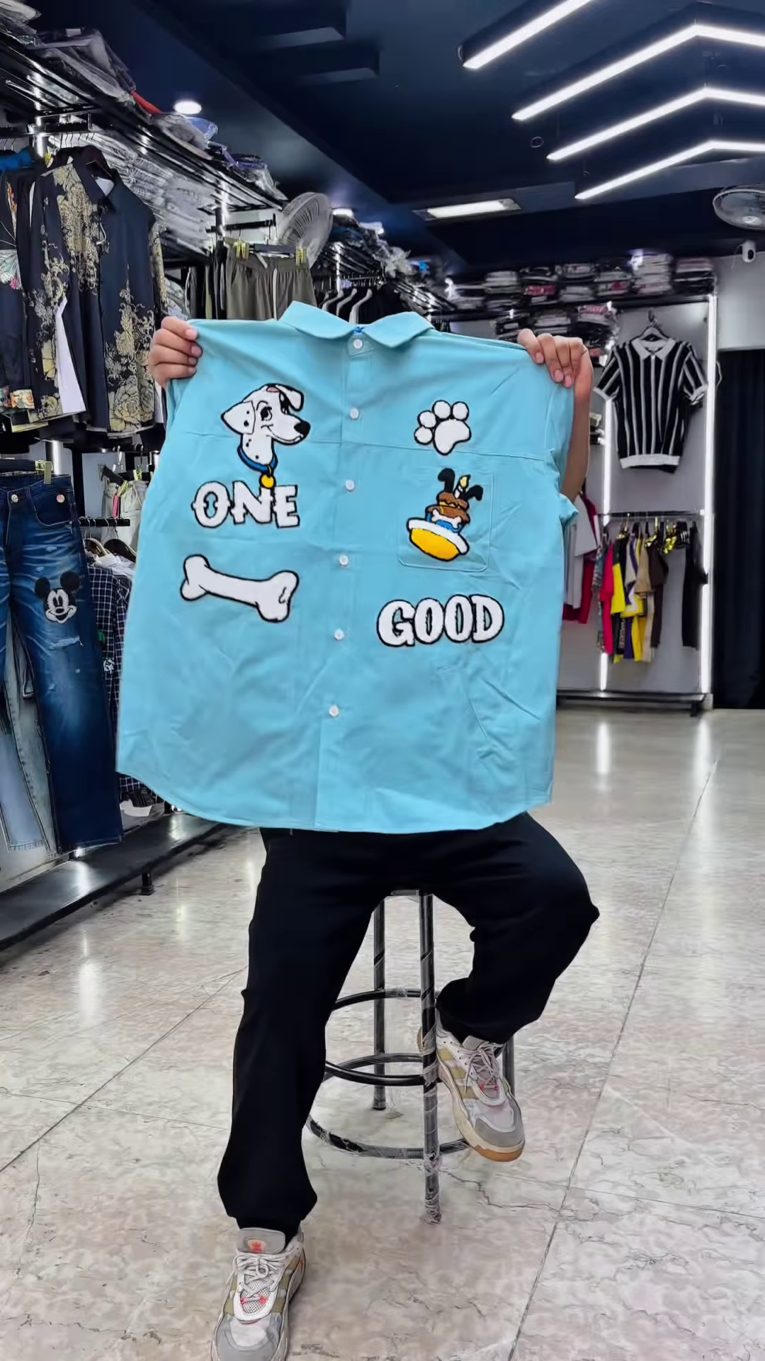 Unique Hand-Painted Cartoon Denim Shirt for Men with Christmas Theme - Image 2