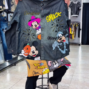 Unique Hand-Painted Cartoon Denim Shirt for Men with Christmas Theme