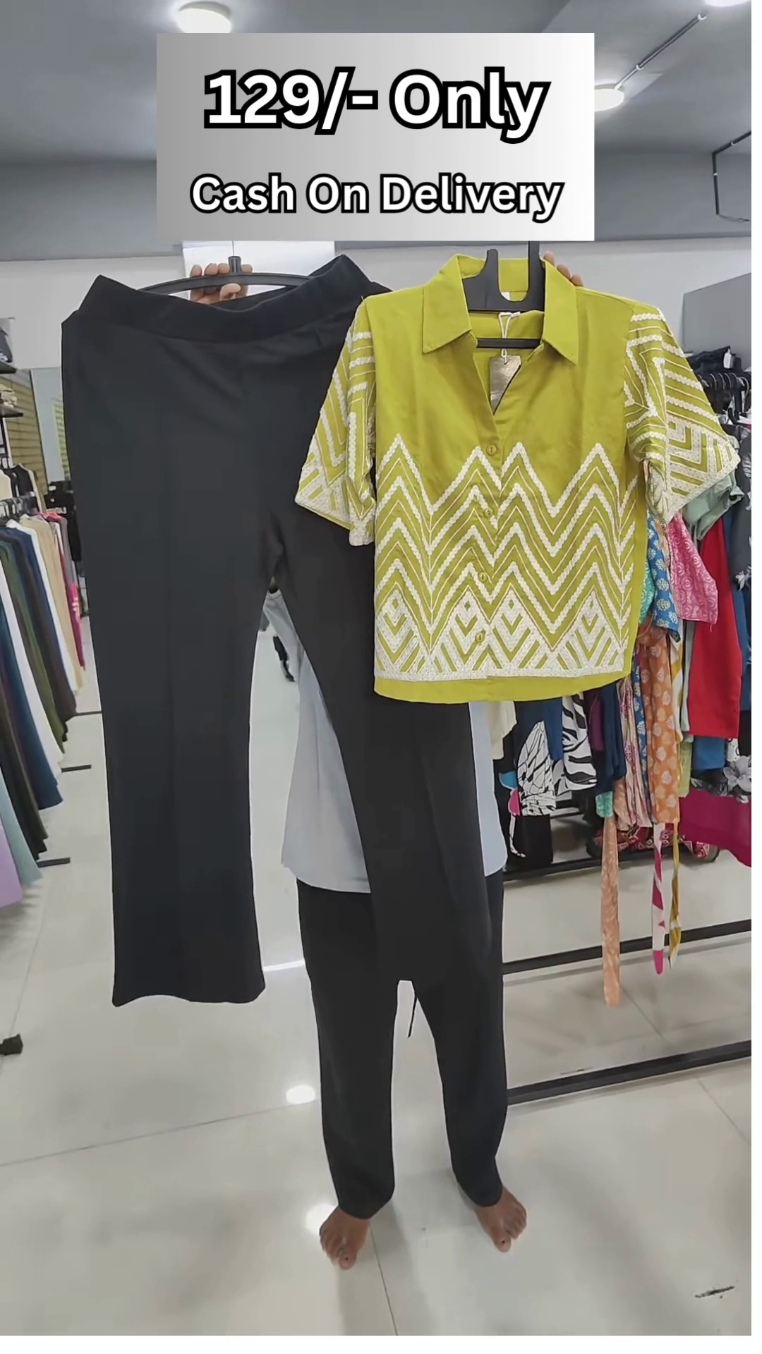 Trendy Women's Olive Green and White Zigzag Embroidered Top with Black Pants Set