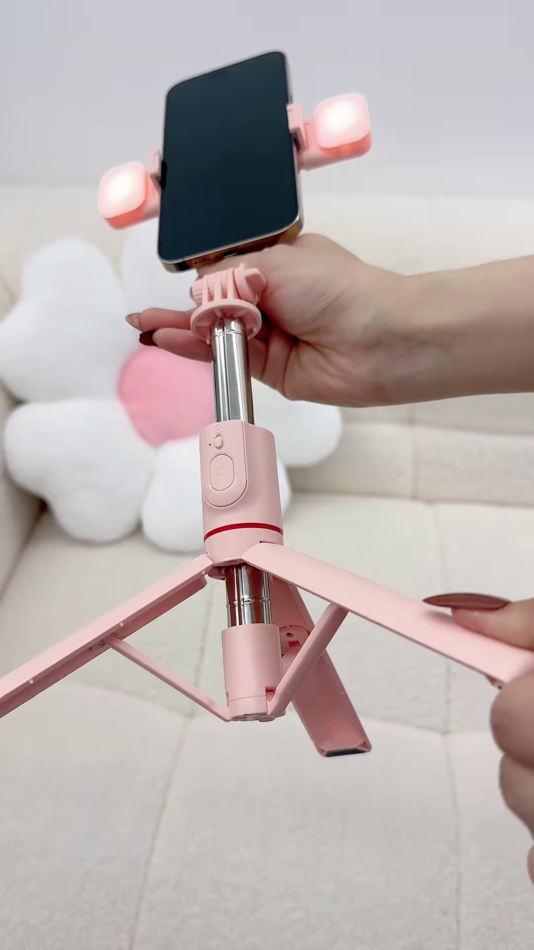 Pink Bluetooth Selfie Stick Tripod with Fill Lights and Phone Holder