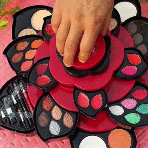 Large Rotating Flower Makeup Organizer Set with Eyeshadows, Blush, Lip Products, and Brushes