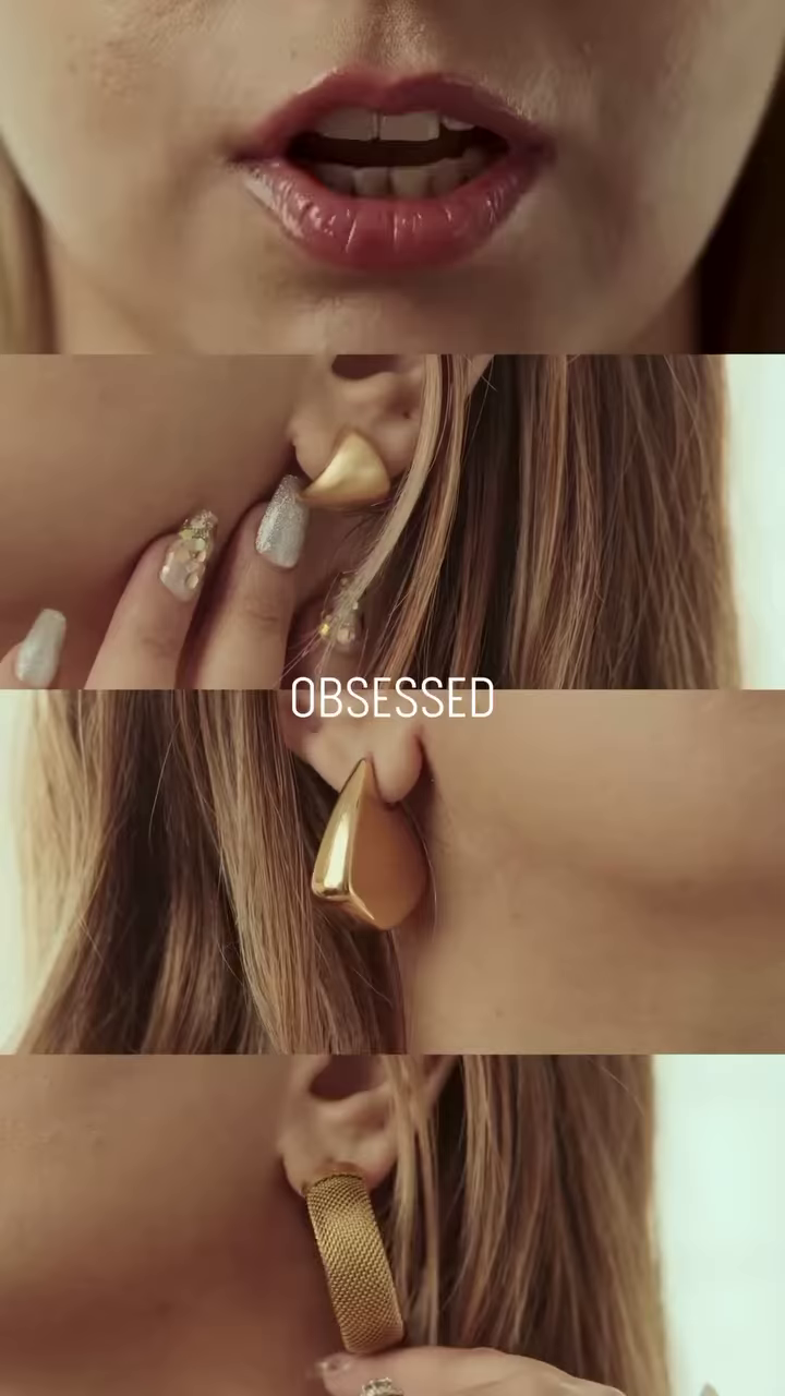 Close-Up of Stylish Gold-Toned Earrings: Teardrop, Stud, and Mesh Hoop