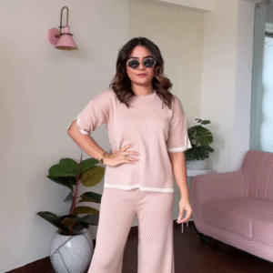 Casual Chic Women's Light Brown Knit Lounge Set with Wide-Leg Pants