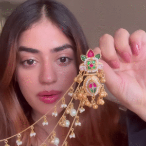 Elegant Gold-Toned Ear Chain (Kaan Chain/Mattal) with Kundan and Pearl Drops