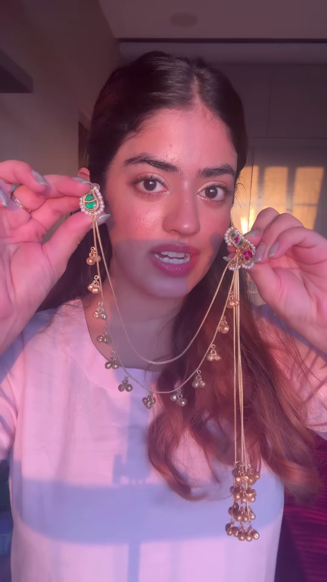 Elegant Gold-Toned Ear Chains (Kaan Chains/Mattals) with Gemstones and Jhumka Details - Image 3