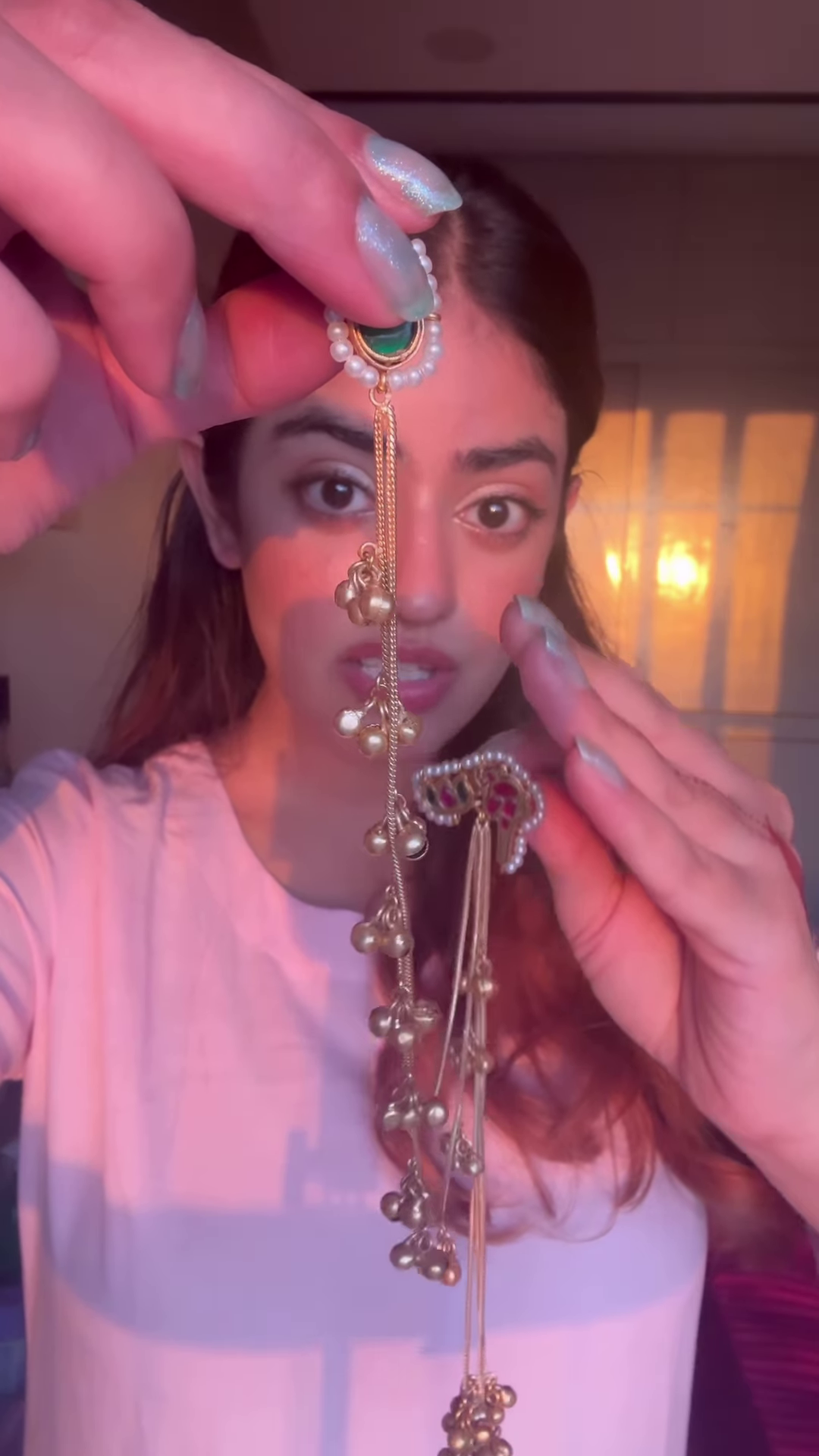 Elegant Gold-Toned Ear Chains (Kaan Chains/Mattals) with Gemstones and Jhumka Details - Image 4