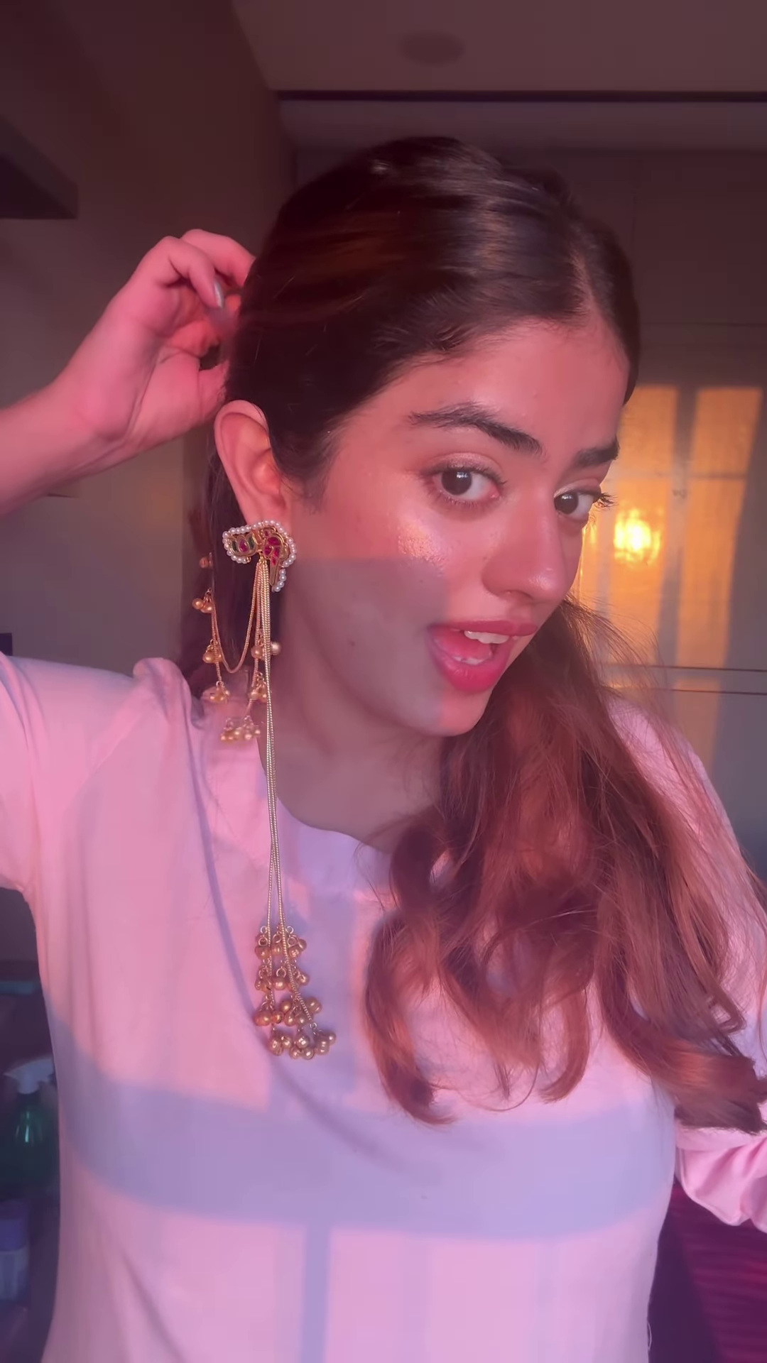 Elegant Gold-Toned Ear Chains (Kaan Chains/Mattals) with Gemstones and Jhumka Details - Image 5