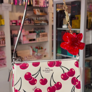 Wristlet with Cherry Print and Red Flower Charm