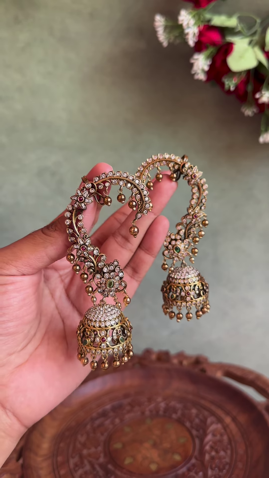 Intricate Gold-Toned Ear Cuffs with Jhumkas, Kundan, and Gemstone Details - Image 2