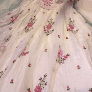 Elegant White Anarkali Kurta with Pink Floral Embroidery and Sheer Sleeves