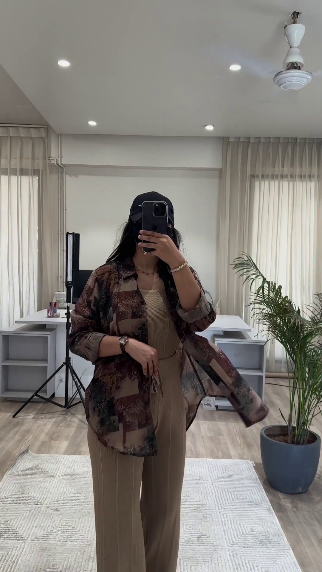 Bohemian Chic Outfit: Patterned Overshirt, Knit Top, and Wide-Leg Pants - Image 2