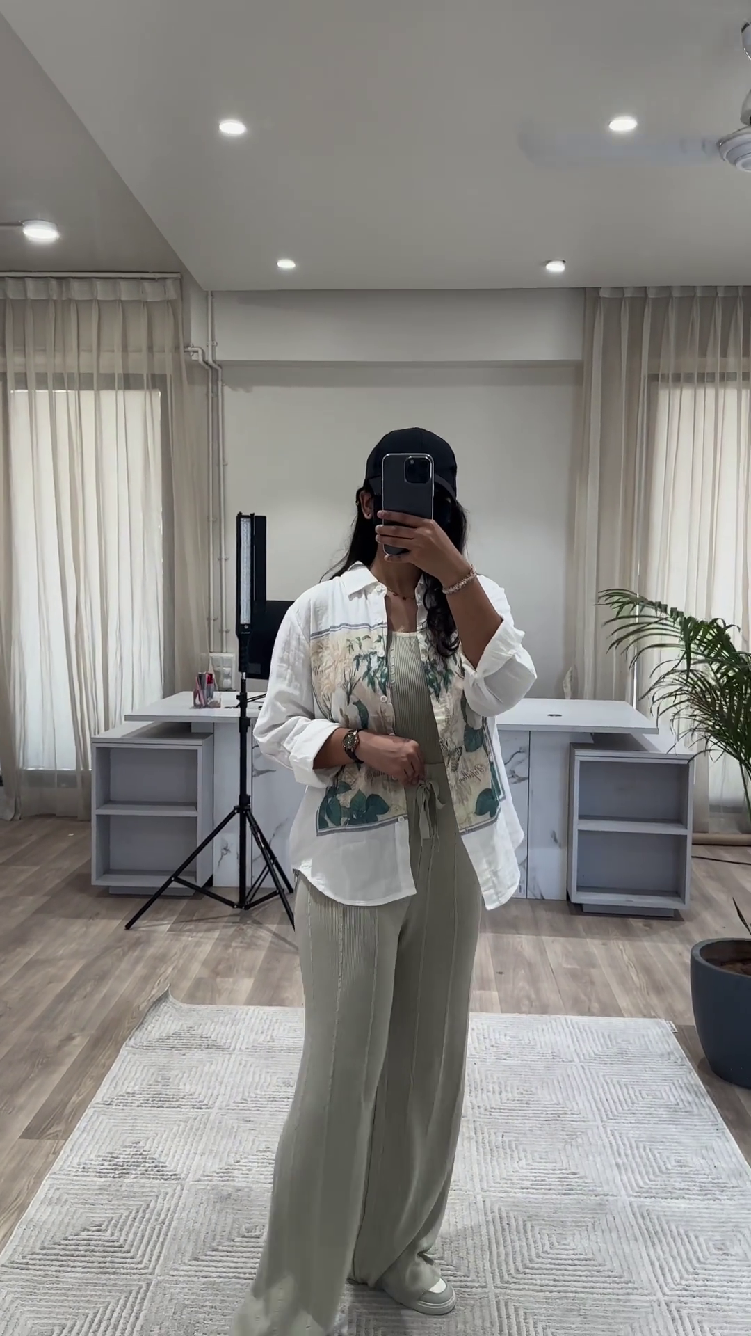 Bohemian Chic Outfit: Patterned Overshirt, Knit Top, and Wide-Leg Pants - Image 3