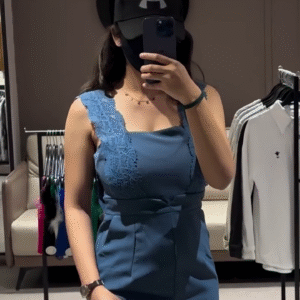 Stylish Blue Jumpsuit with Lace Detail and Wide Legs