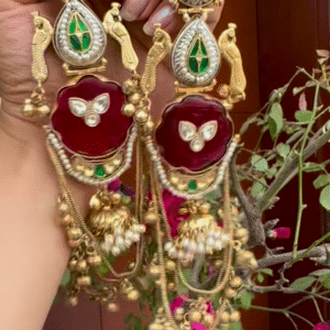 Opulent Gold-Toned Jhumka Earrings with Kundan, Gemstones, and Pearl Details
