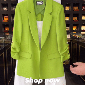 Vibrant Lime Green Blazer with Ruched Sleeves and Pearl Detail