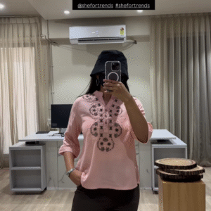 Trendy Embroidered Cotton Linen Blend Top for Casual, Office, and Outer Wear