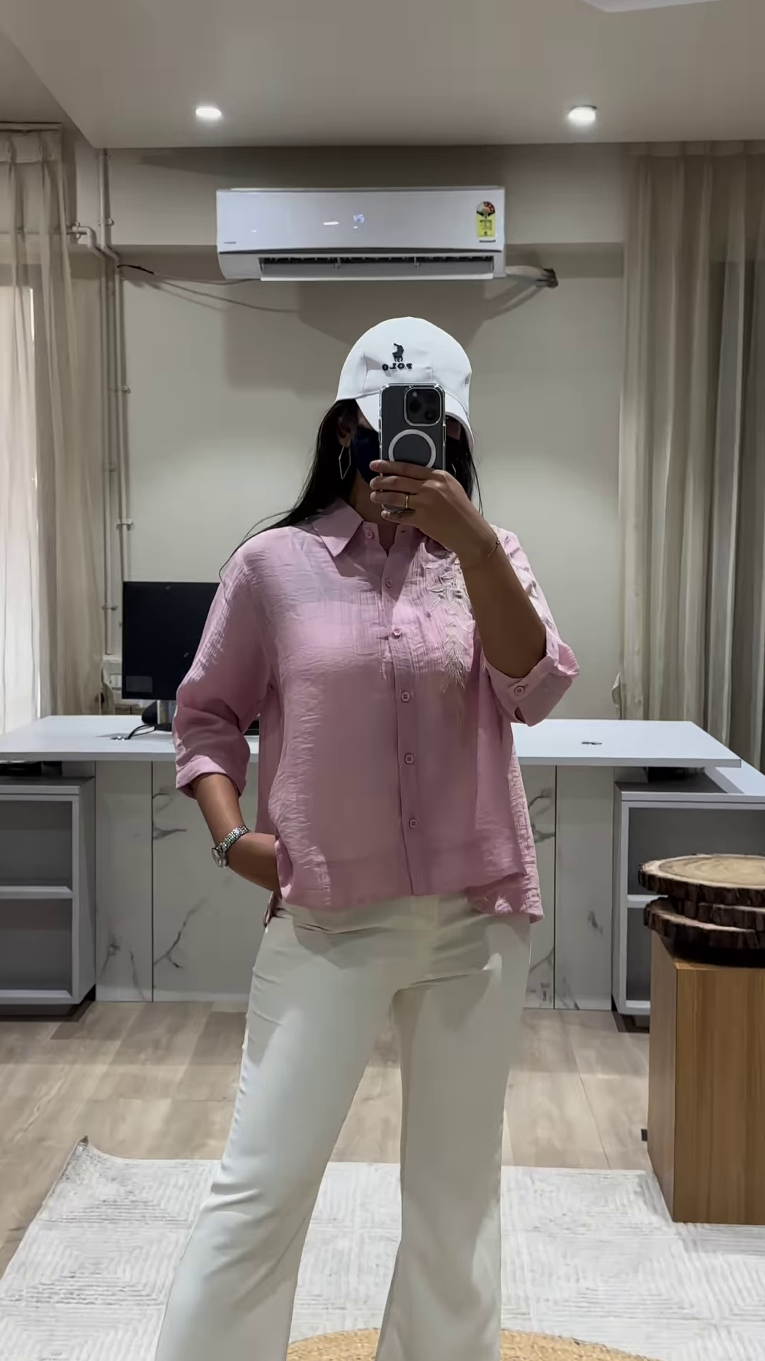 Lightweight Textured Button-Down Shirt with Three-Quarter Sleeves