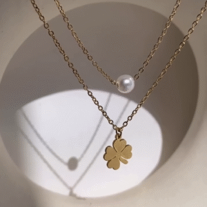 Delicate Layered Gold-Toned Necklace with Four-Leaf Clover and Pearl Pendants