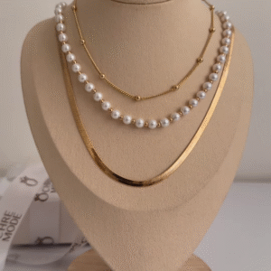 Elegant Layered Gold-Toned Necklace Set with Herringbone Chain and Pearl Strands