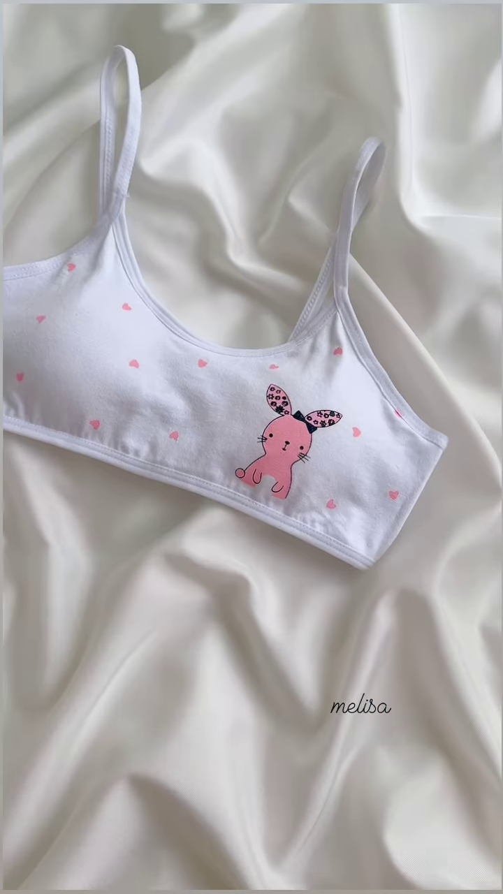 Cute White Cotton Training Bra with Pink Bunny and Hearts for Girls - Image 2