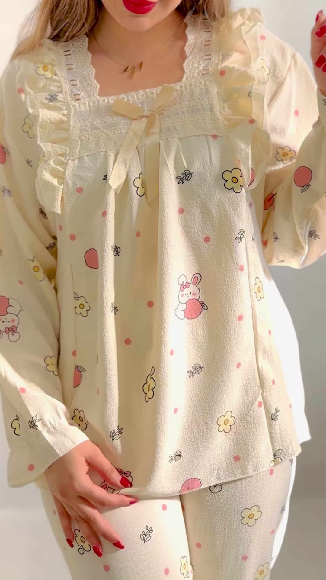 Cozy Long-Sleeved Pajama Set with Cute Prints and Lace Trim - Image 3